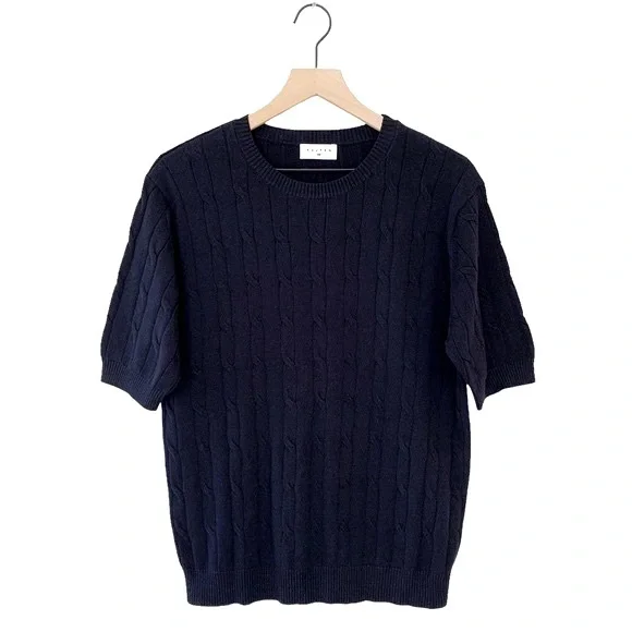 🇫🇷 Kujten 100% Cashmere Navy Cable Knit Short Sleeve Sweater - Picture 2 of 9